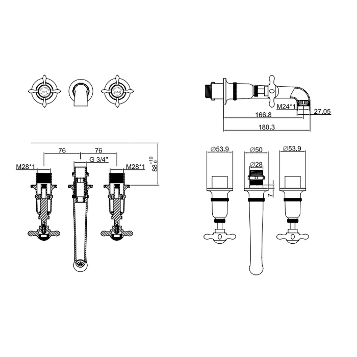 Burlington Guild 3 Hole Wall Mounted Bath Tap - Wall