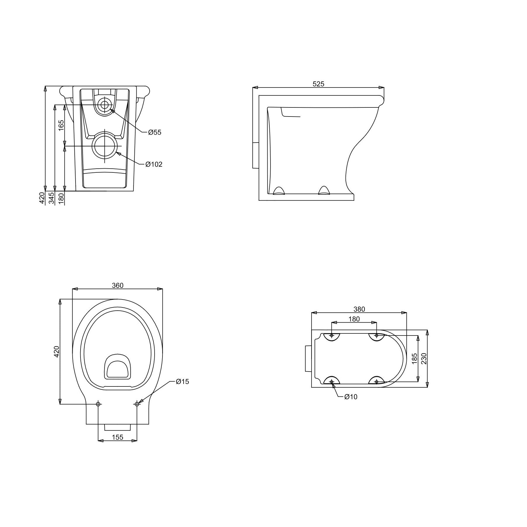 Burlington Guild Rimless Back To Wall Toilet - White - Back