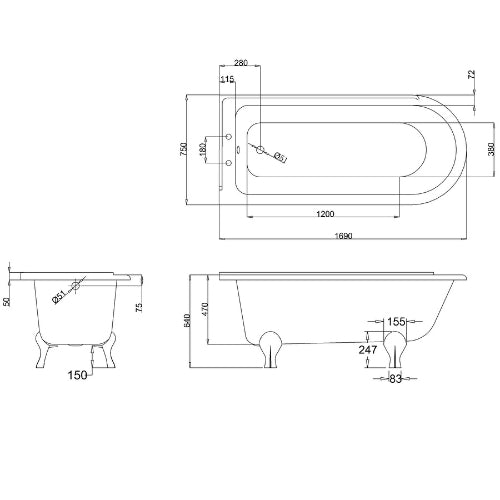 Burlington Hampton Back to Wall Showering Bath with Legs