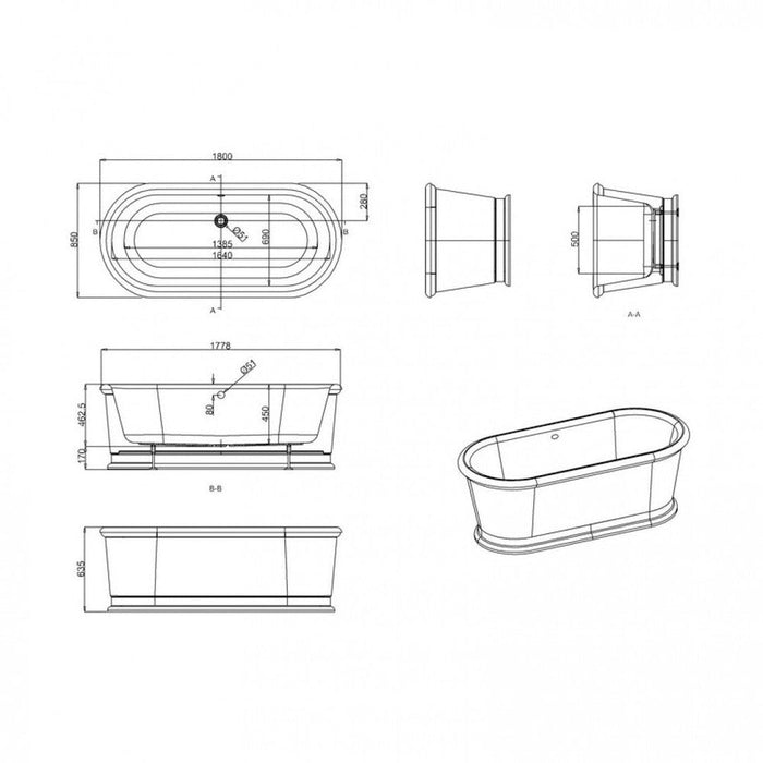 Burlington London Acrylic Double Ended Freestanding Bath - 1800mm x 850mm