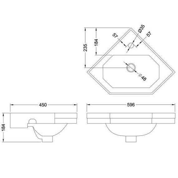 Burlington Pentagon Wall Hung 596mm Corner Basin