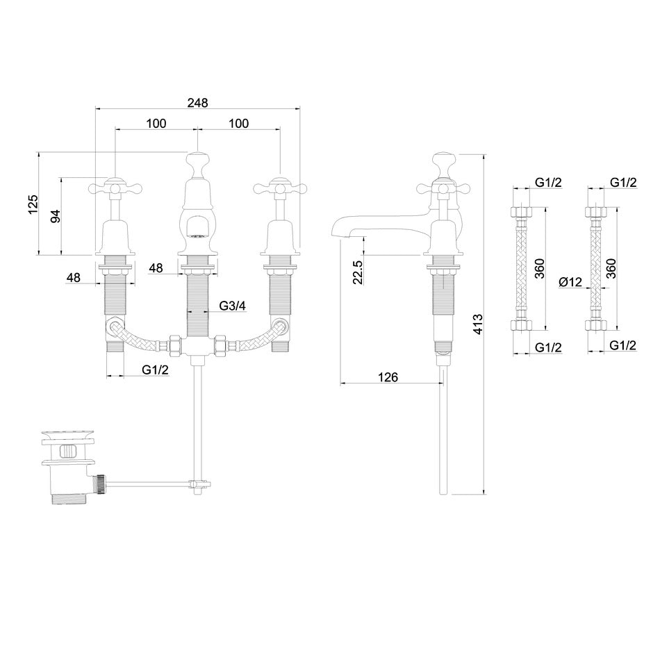 Burlington Quarter Turn 3 Hole Deck Mounted Basin Mixer Tap