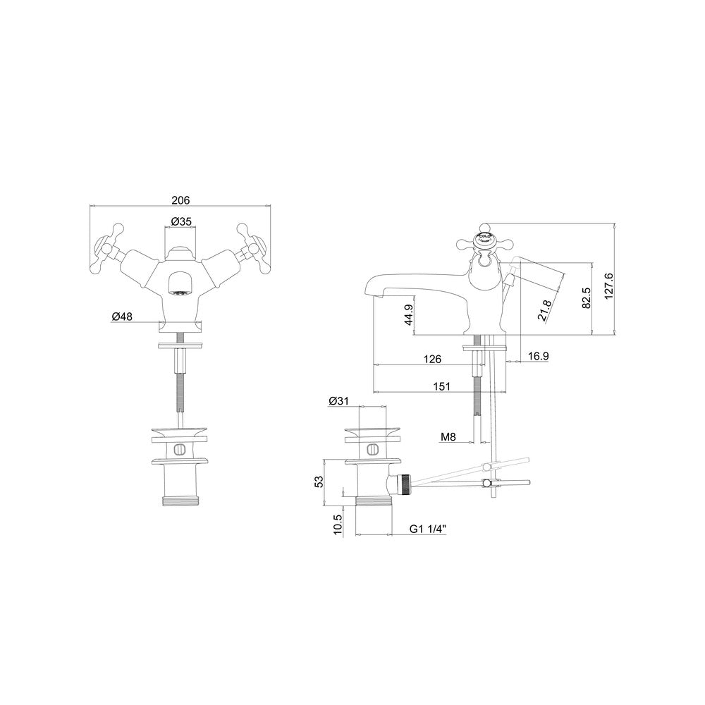 Burlington Quarter Turn Basin Mixer Tap With Pop Up Waste