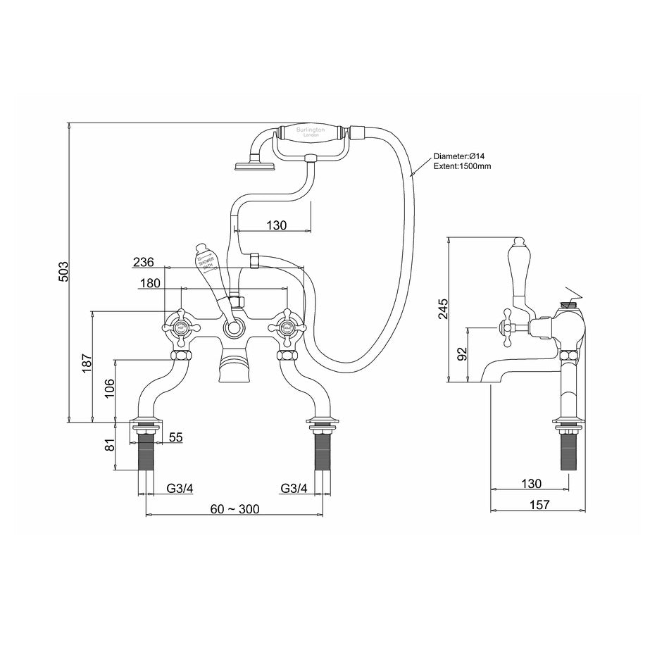 Burlington Quarter Turn Bath Shower Mixer Tap With Unions