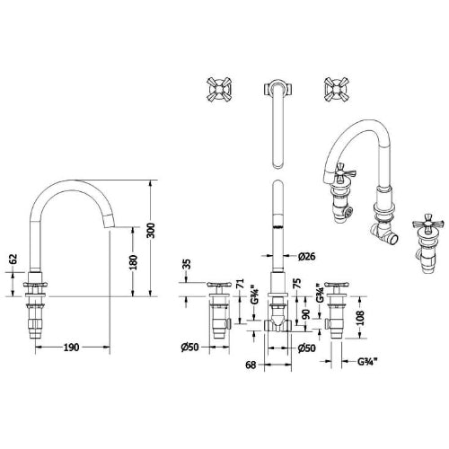 Burlington Riviera 3 Hole Bath Mixer Tap - Filler Taps