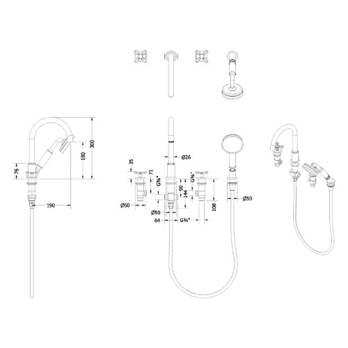 Burlington Riviera 3 Hole Bath Mixer Tap With Handset