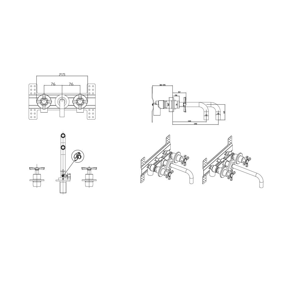 Burlington Riviera 3 Hole Wall Mounted Basin Mixer Tap