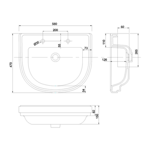 Burlington Riviera 580mm Semi Recessed Basin