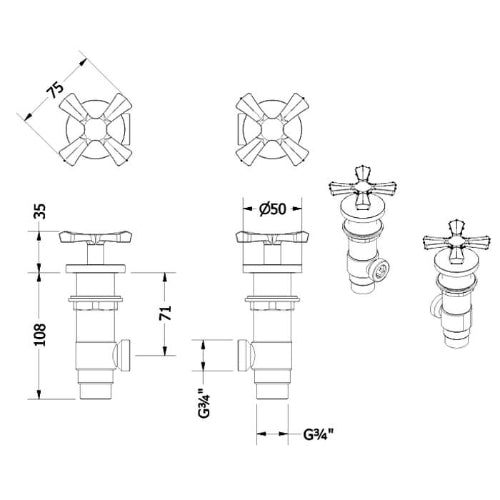 Burlington Riviera Panel Valves - Basin Pillar Taps