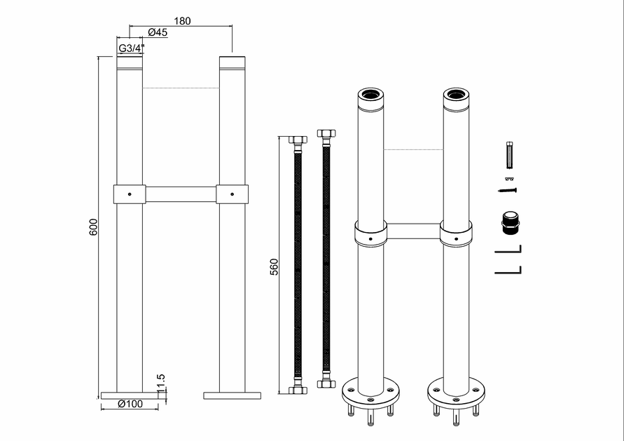 Burlington Stand Pipes with Horizontal Support Bar - Bath