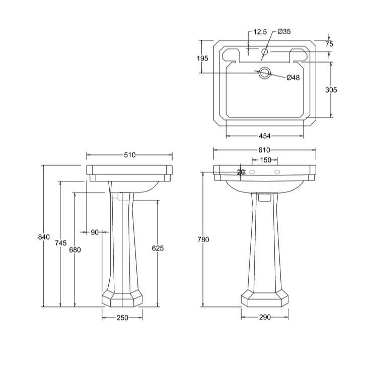Burlington Victorian White Rectangular Basin With Pedestal