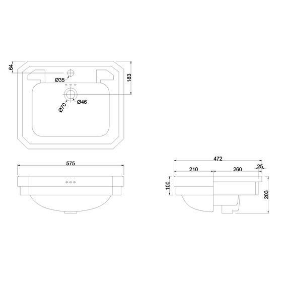 Burlington White Semi Recessed Basin 580mm