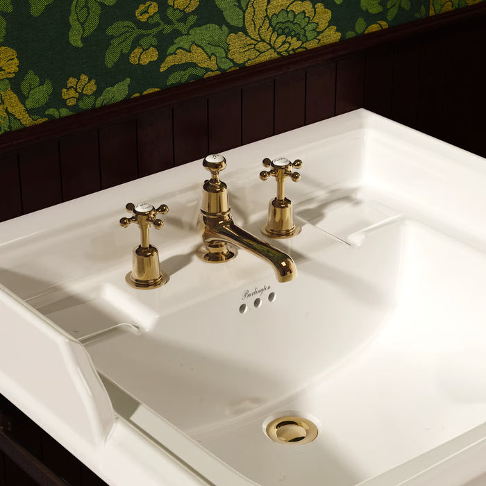 Burlington Quarter Turn 3 Hole Deck Mounted Basin Mixer Tap With Pop Up Waste And Claremont Handles