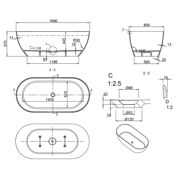 Clearwater Formoso Grande Double Ended Freestanding Bath