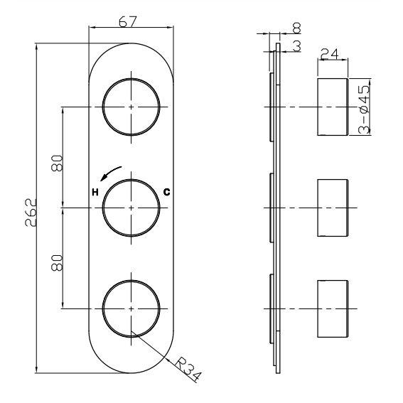 Crosswater Central 2 Outlet 3 Handle Portrait Concealed