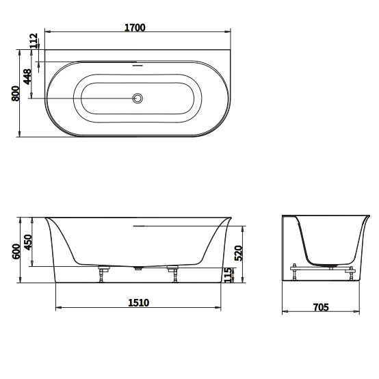 Crosswater Cursa Back To Wall Bath With Overflow And Waste