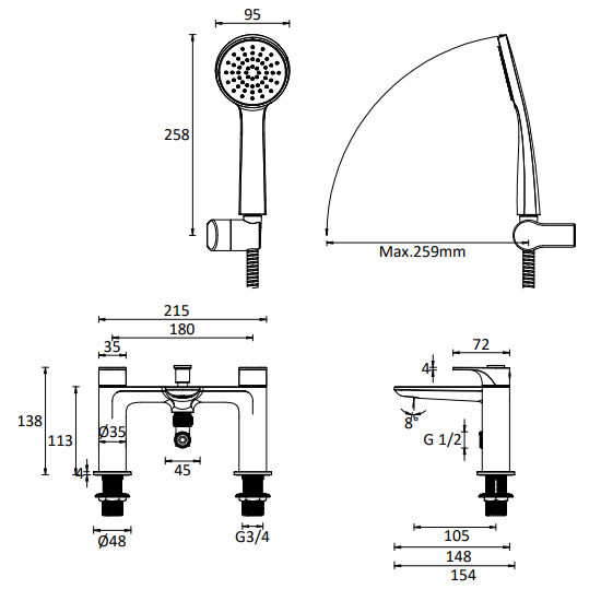 Crosswater Fuse Deck Mounted Bath Shower Mixer Tap With Kit