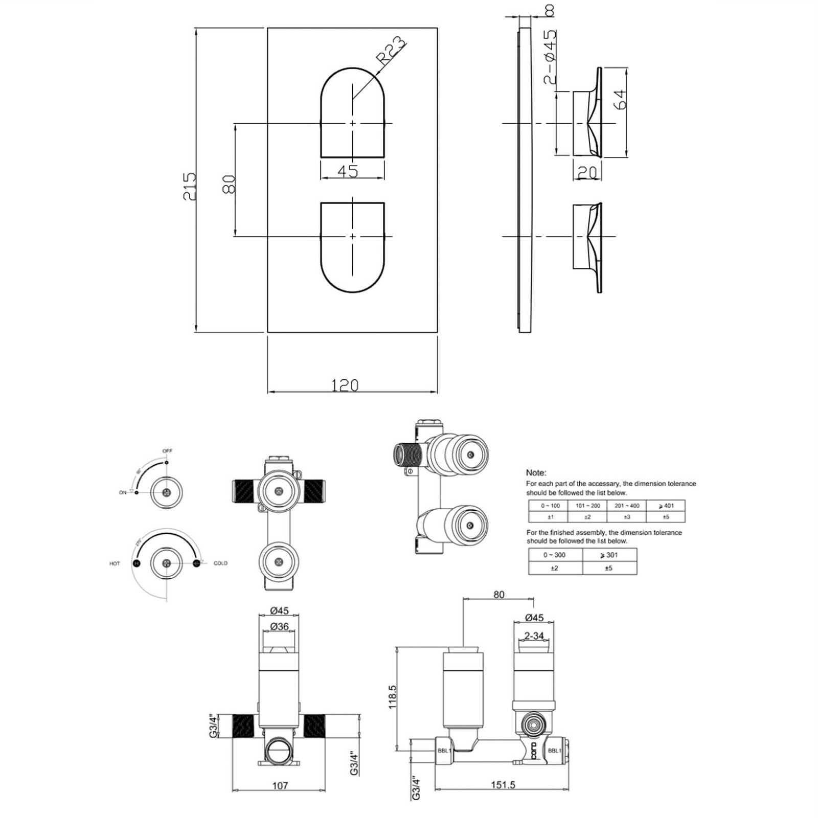 Crosswater Fusion 1 Outlet 2 Handle Concealed Thermostatic