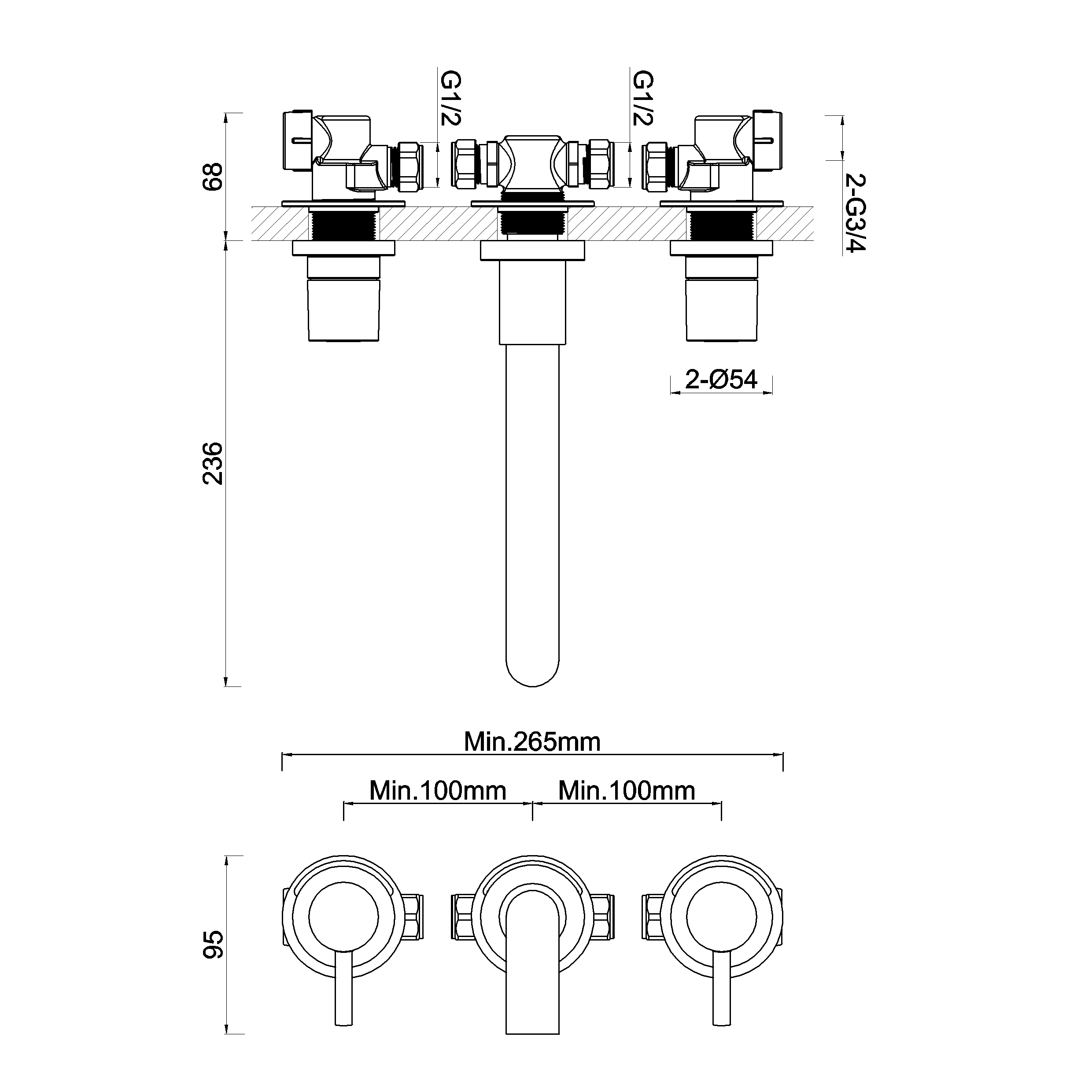 Crosswater Fusion 3 Hole Wall Mounted Bath Filler Tap