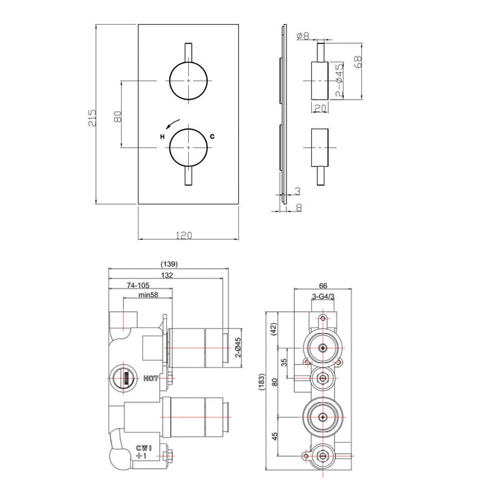 Crosswater Kai Lever 1 Outlet 2 Handle Thermostatic