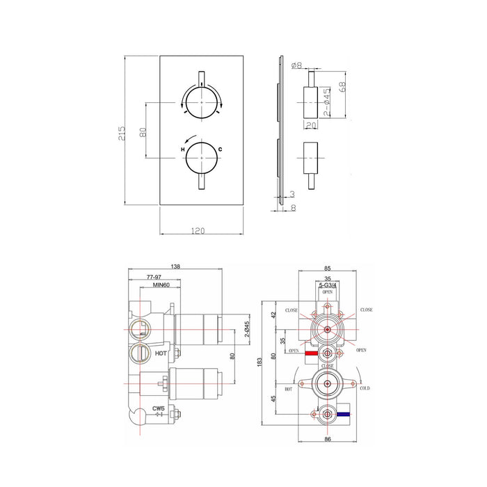 Crosswater Kai Lever 3 Outlet 2 Handle Thermostatic