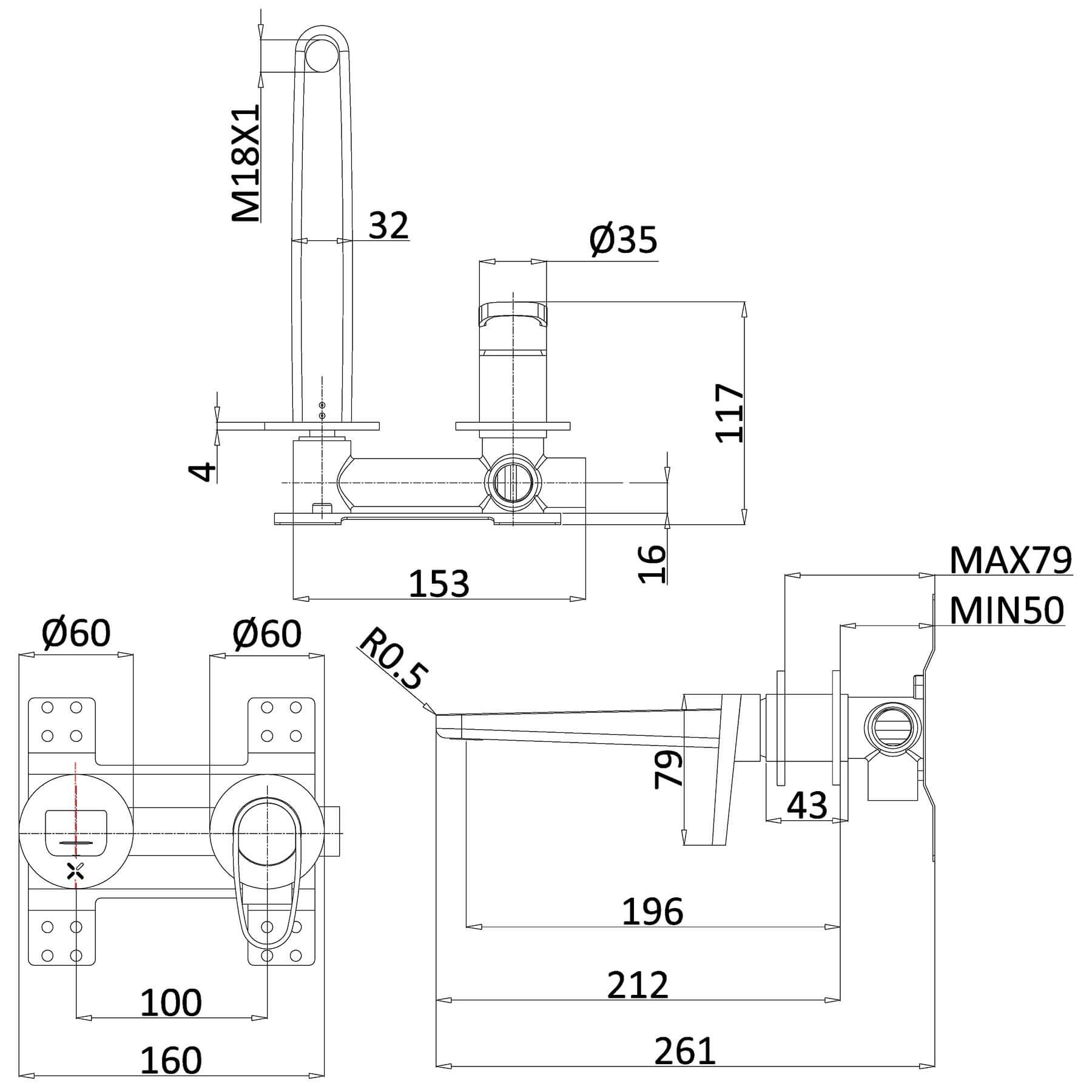 Crosswater Lazo Wall Mounted 2 Hole Basin Mixer Tap - Taps