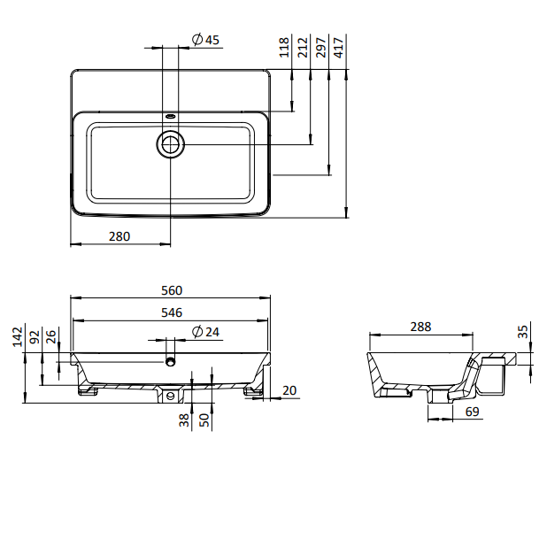 Crosswater Libra Semi Recessed Basin - 560mm Wide - No TH