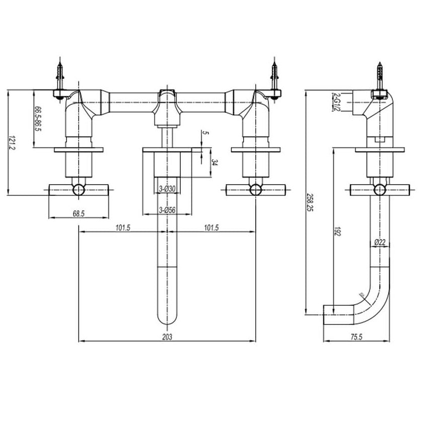 Crosswater MPRO Crosshead 3 Hole Wall Mounted Basin