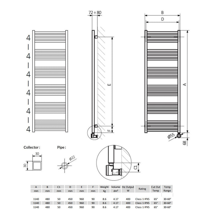 Crosswater MPRO Electric Heated Towel Rail - 1140mm x 480mm
