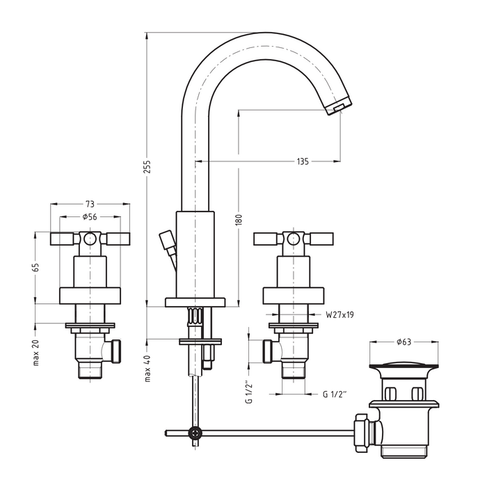 Crosswater Totti II 3 Tap Hole Basin Mixer with Pop-up
