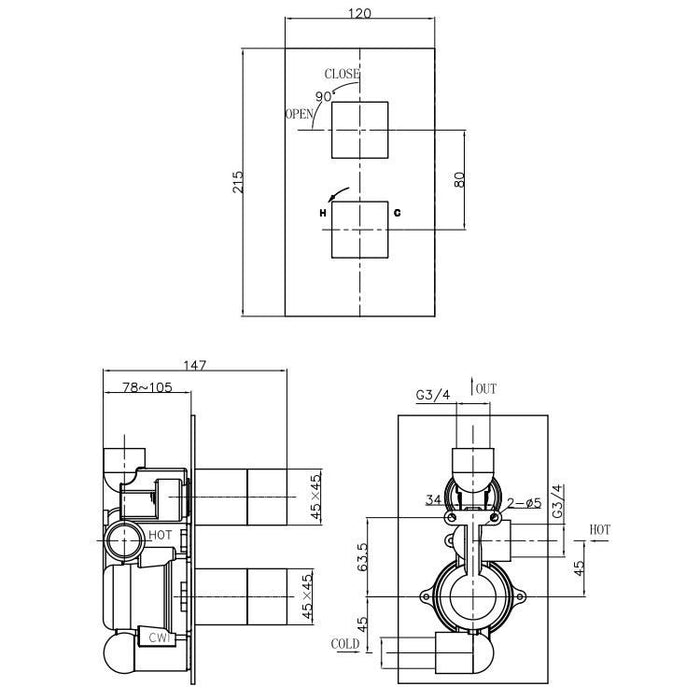 Crosswater Water Square 1 Outlet 2 Handle Concealed