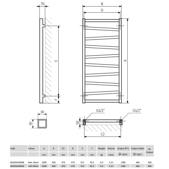 Crosswater Wedge Heated Towel Rail - 1096mm x 500mm