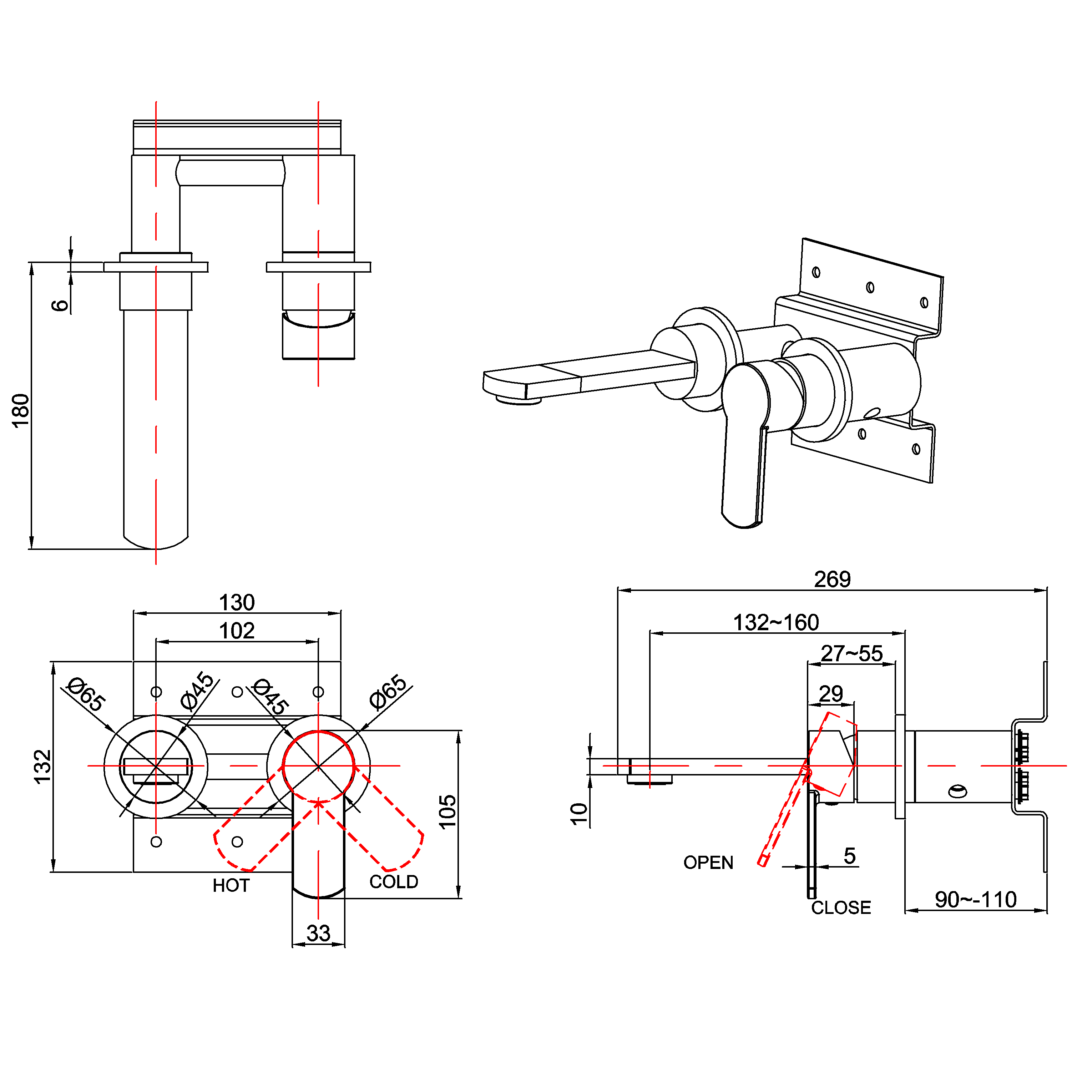 Crosswater Wisp 2 Hole Wall Mounted Single Lever Basin