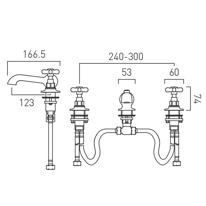 Vado Axbridge Crosshead 3 Hole Basin Mixer Tap With Pop-Up Basin Waste