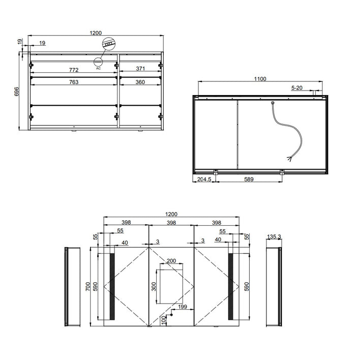 Eastbrook Castellano 3 Door LED Illuminated Mirror Cabinet - 700mm x 1200mm