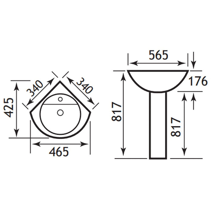 Eastbrook Dura Corner Basin With Full Pedestal- 465mm Wide