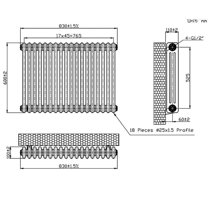 Eastbrook Imperia 3 Column Radiator Bare Metal - Column