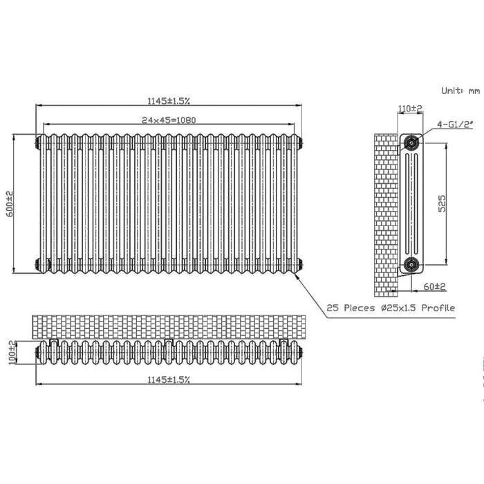 Eastbrook Imperia 3 Column Radiator Bare Metal - Column
