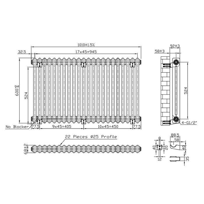 Eastbrook Imperia Horizontal 2 Column Radiator - Matt Black