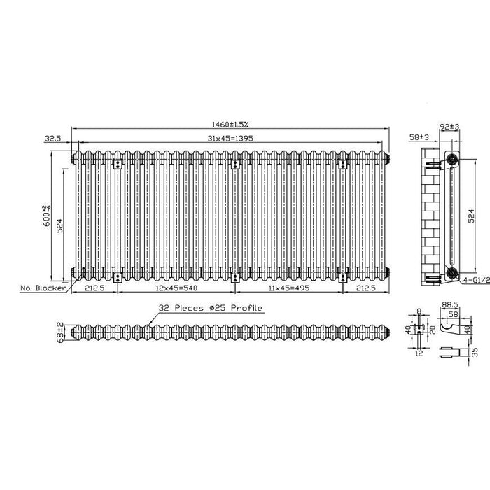 Eastbrook Imperia Horizontal 2 Column Radiator - Matt Black