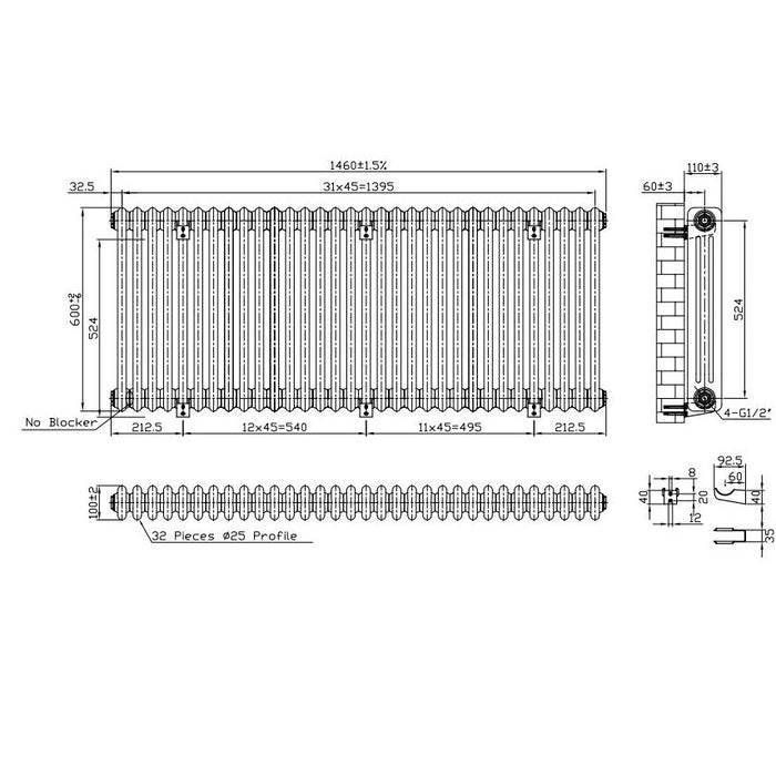 Eastbrook Imperia Horizontal 3 Column Radiator - Matt Black