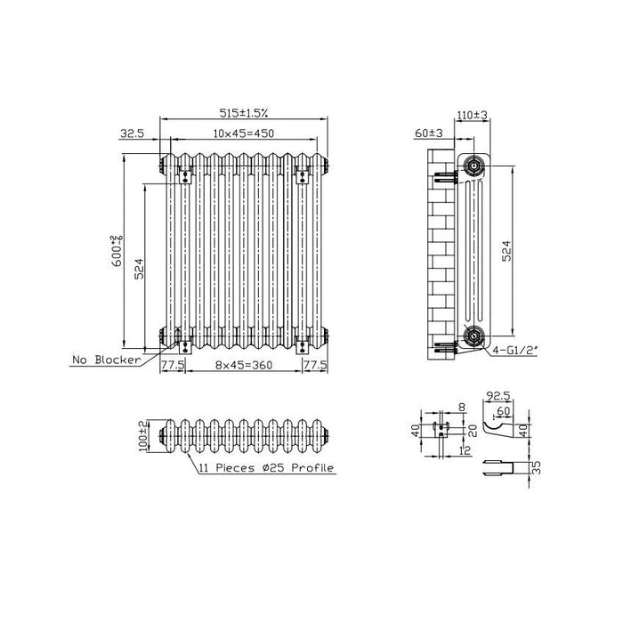 Eastbrook Imperia Vertical 3 Column Radiator - Matt Black