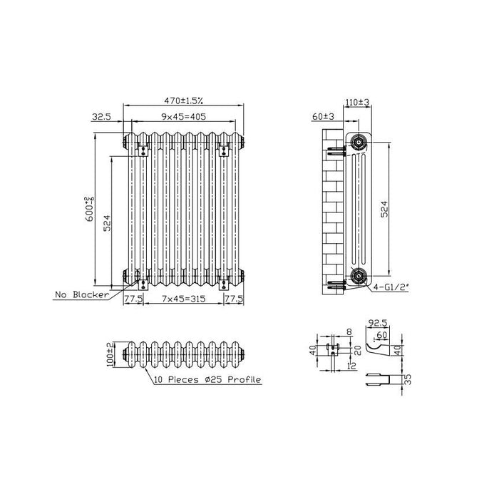 Eastbrook Imperia Vertical 3 Column Radiator - Matt Black