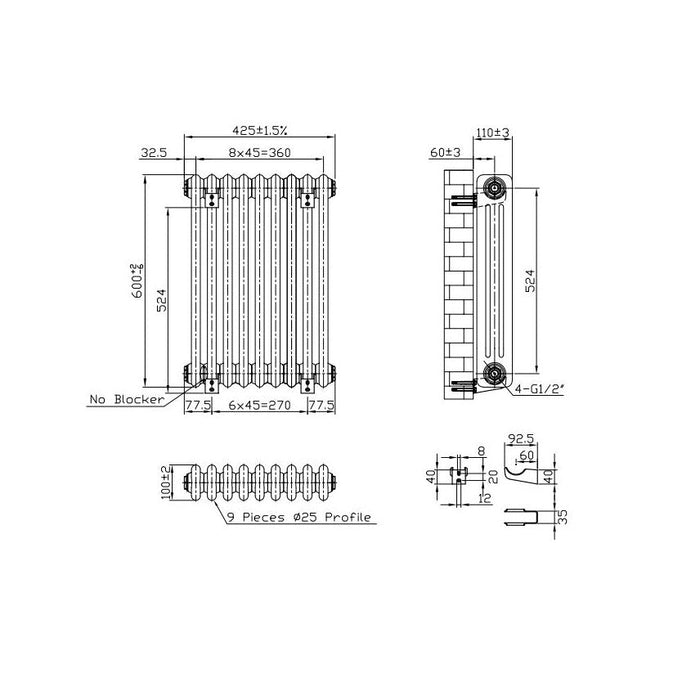 Eastbrook Imperia Vertical 3 Column Radiator - Matt Black