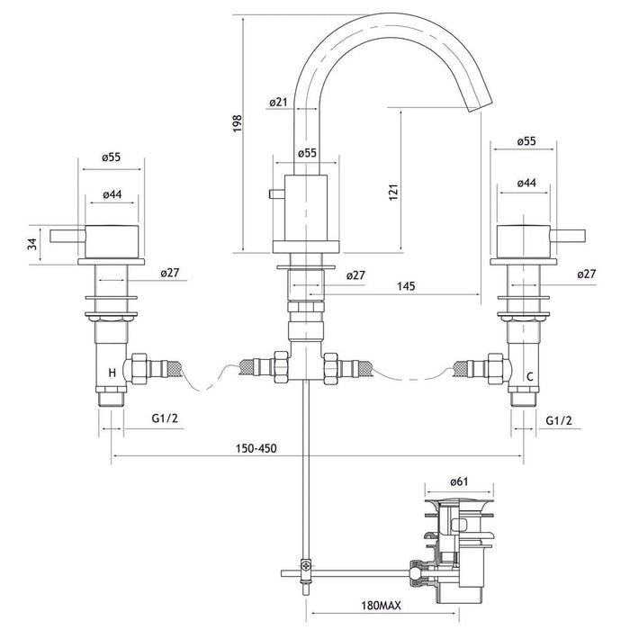 Eastbrook Meriden 3 Hole Deck Mounted Basin Mixer Tap