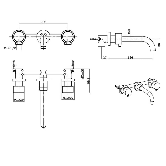 Eastbrook Meriden 3 Hole Wall Mounted Basin Tap - Wall