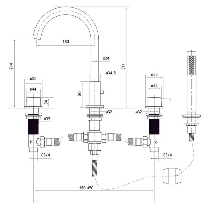 Eastbrook Meriden 4 Hole Deck Mounted Bath Shower Mixer Tap