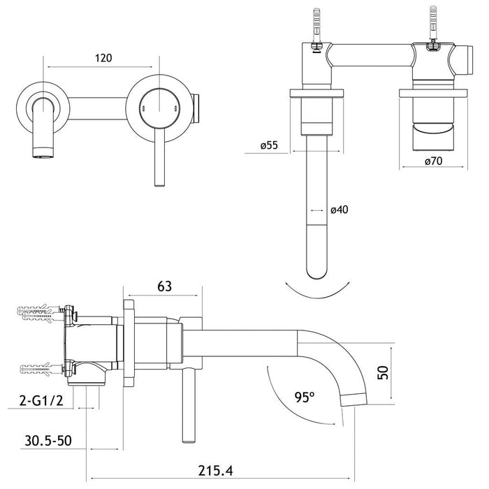 Eastbrook Meriden Wall Mounted Basin Mixer Tap With Curved