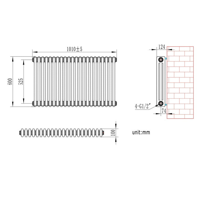 Eastbrook Rivassa Horizontal 3 Column Radiator - 300mm x