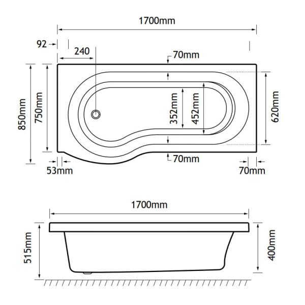 Eastbrook Shannon P Shaped Shower Bath - No TH - White